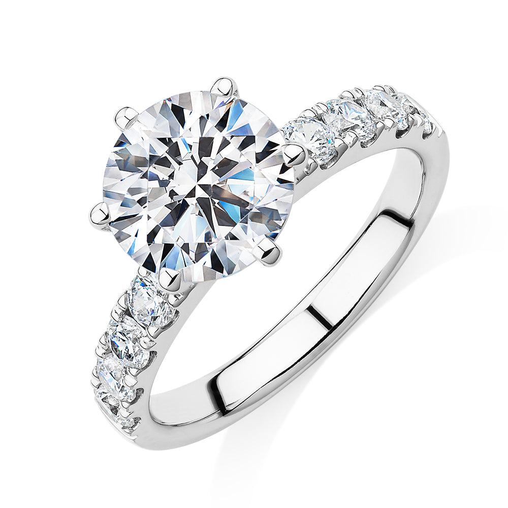 Round Brilliant shouldered engagement ring with 3.39 carats* of diamond simulants in 14 carat white gold