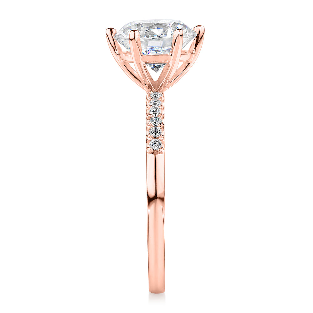 Round Brilliant shouldered engagement ring with 2.12 carats* of diamond simulants in 14 carat rose gold