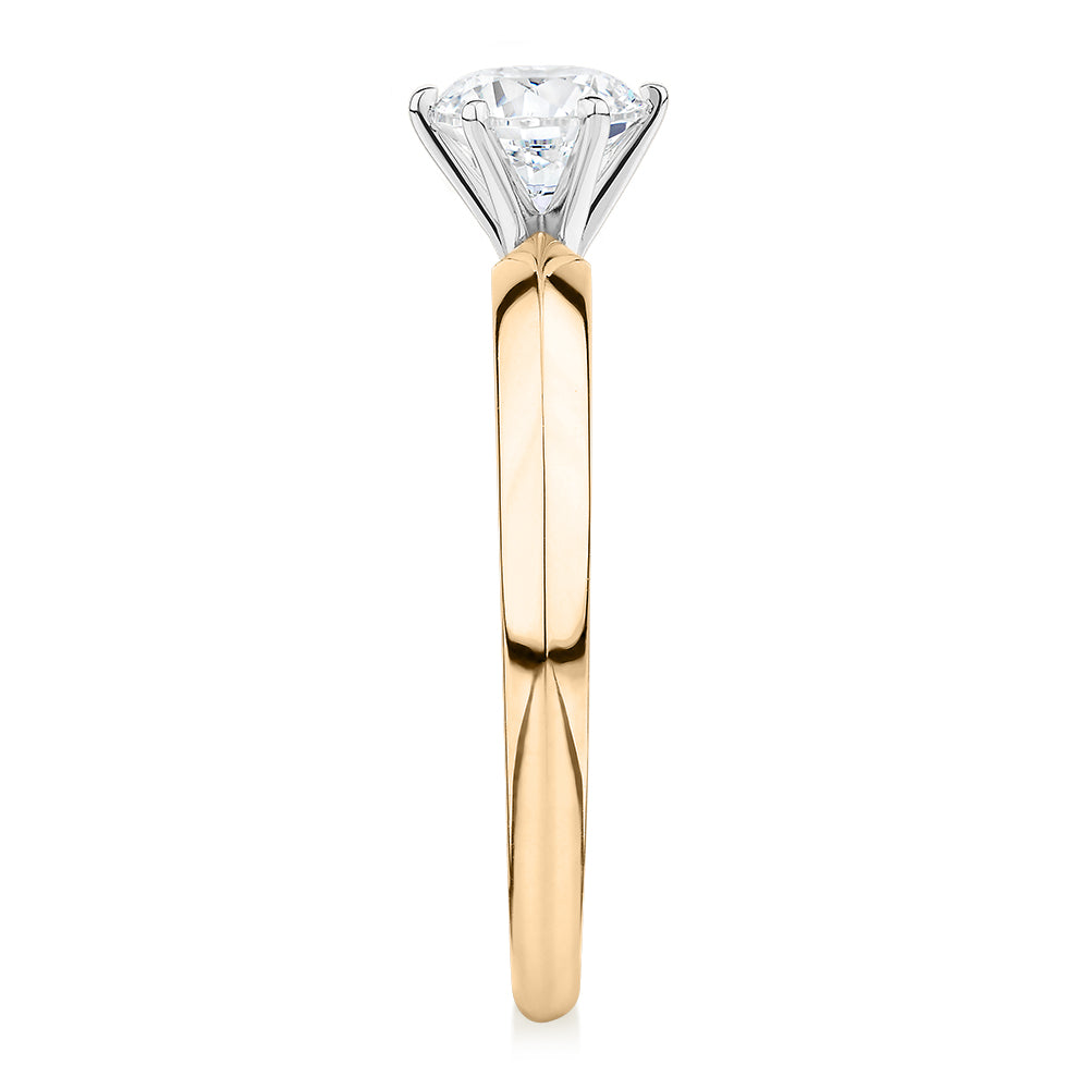 Premium Certified Laboratory Created Diamond, 0.70 carat round brilliant solitaire engagement ring in 18 carat yellow and white gold