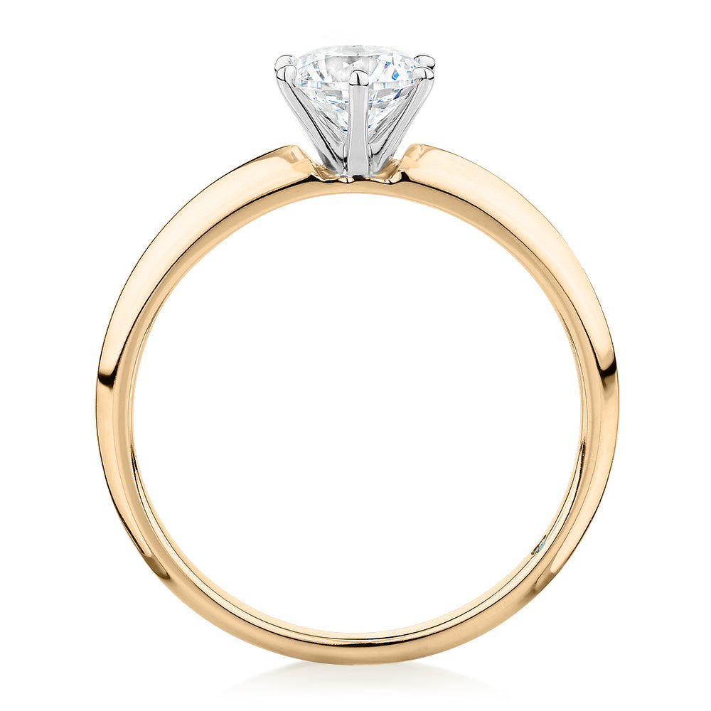Premium Certified Laboratory Created Diamond, 0.70 carat round brilliant solitaire engagement ring in 18 carat yellow and white gold
