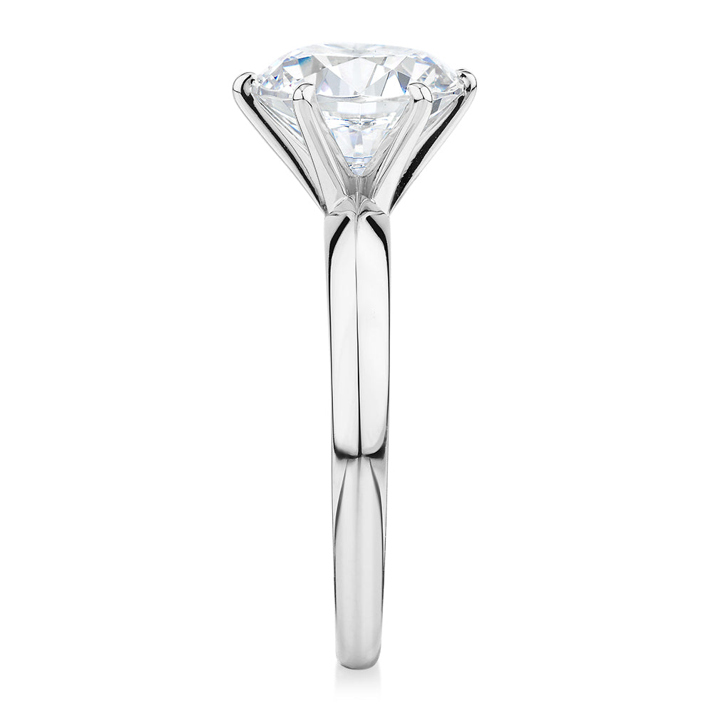 Round Brilliant solitaire engagement ring with 3 carat* diamond simulant in 14 carat white gold