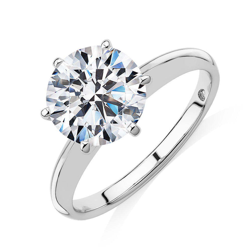 Round Brilliant solitaire engagement ring with 3 carat* diamond simulant in 14 carat white gold
