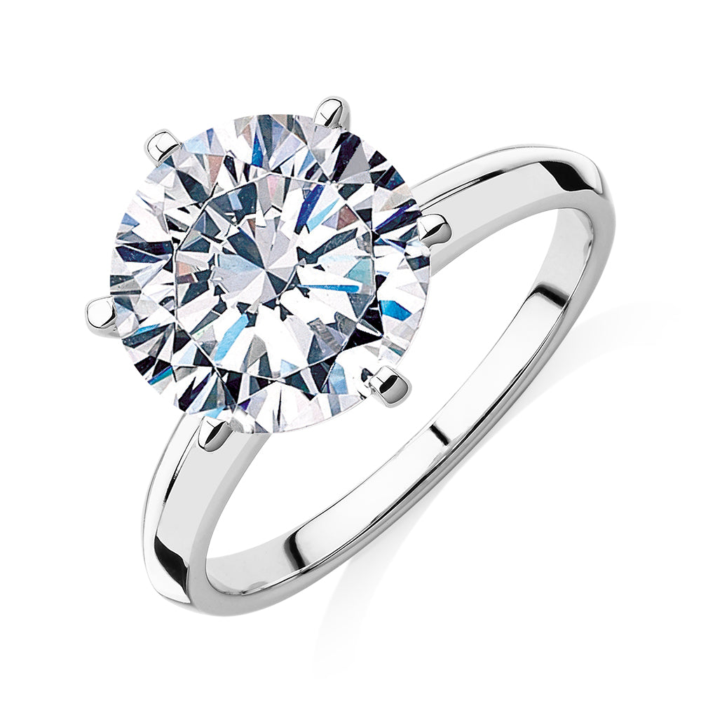 Round Brilliant solitaire engagement ring with 4 carat* diamond simulant in 14 carat white gold