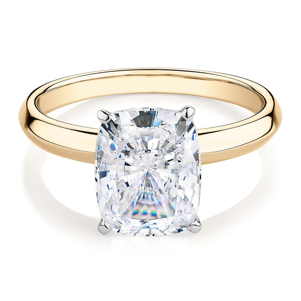 Cushion Radiant solitaire engagement ring with 3.49 carat* diamond simulant in 14 carat yellow and white gold