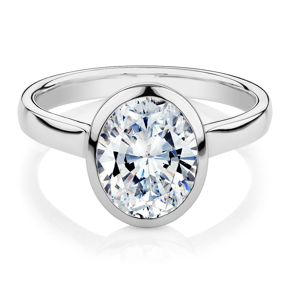 Oval solitaire engagement ring with 2.54 carat* diamond simulant in 14 carat white gold