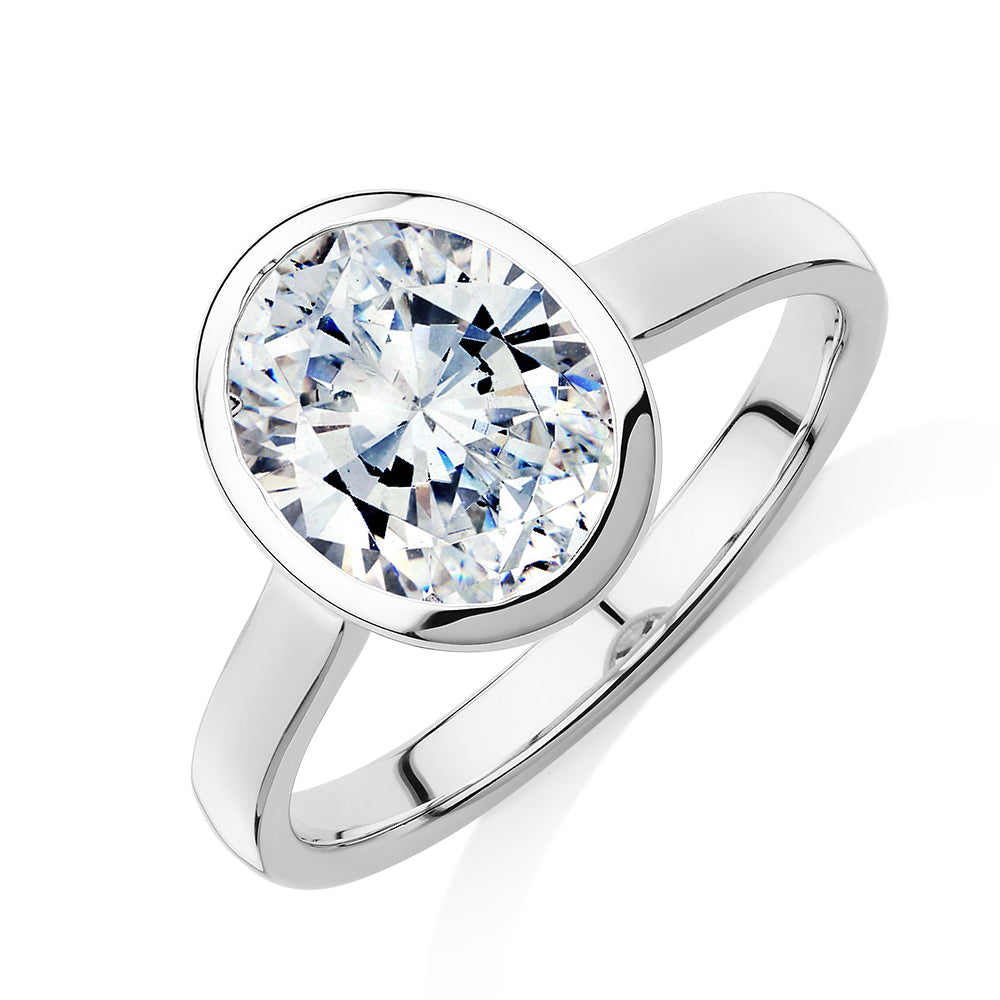 Oval solitaire engagement ring with 2.54 carat* diamond simulant in 14 carat white gold