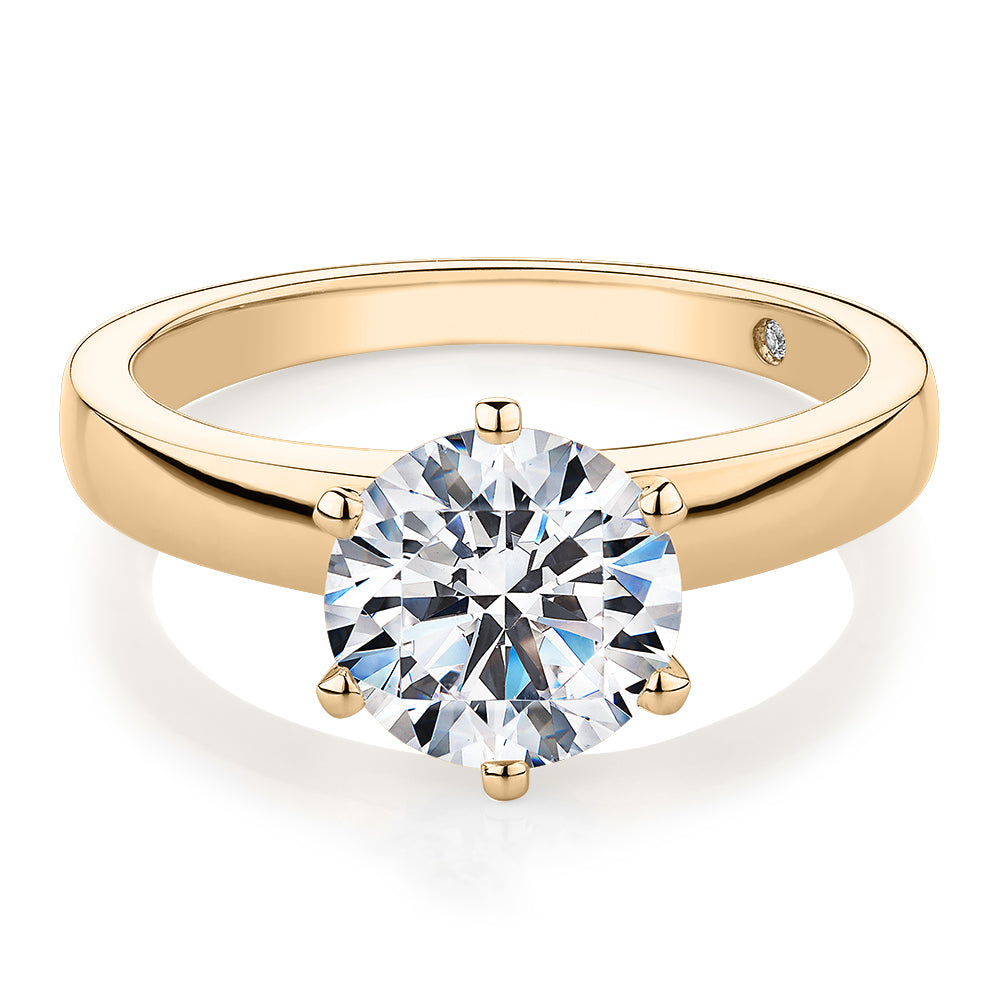 Signature Simulant Diamond 2.00 carat* round brilliant solitaire engagement ring in 14 carat yellow gold