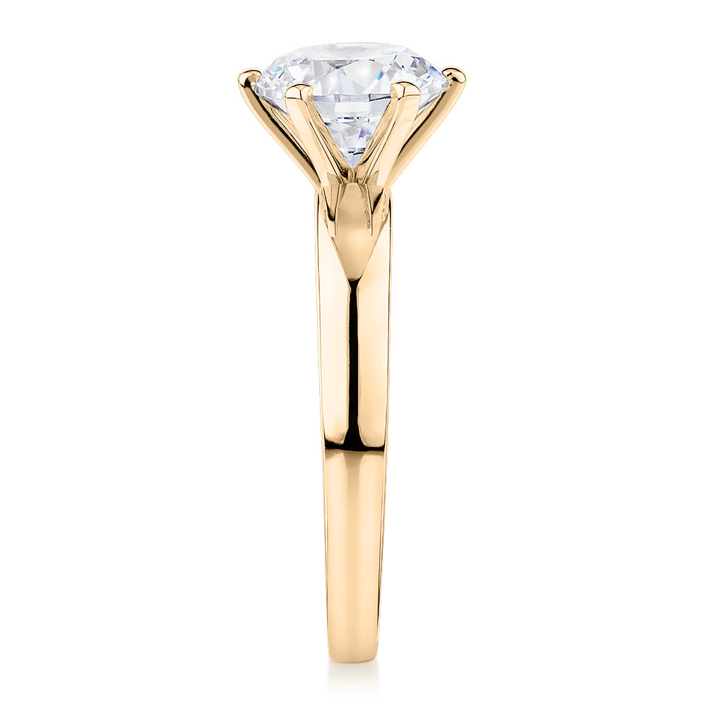 Signature Simulant Diamond 2.00 carat* round brilliant solitaire engagement ring in 14 carat yellow gold