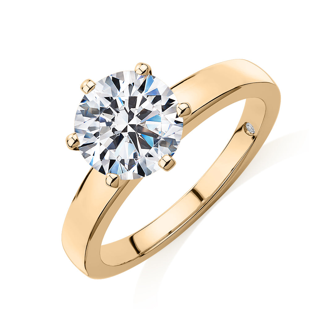 Signature Simulant Diamond 2.00 carat* round brilliant solitaire engagement ring in 14 carat yellow gold