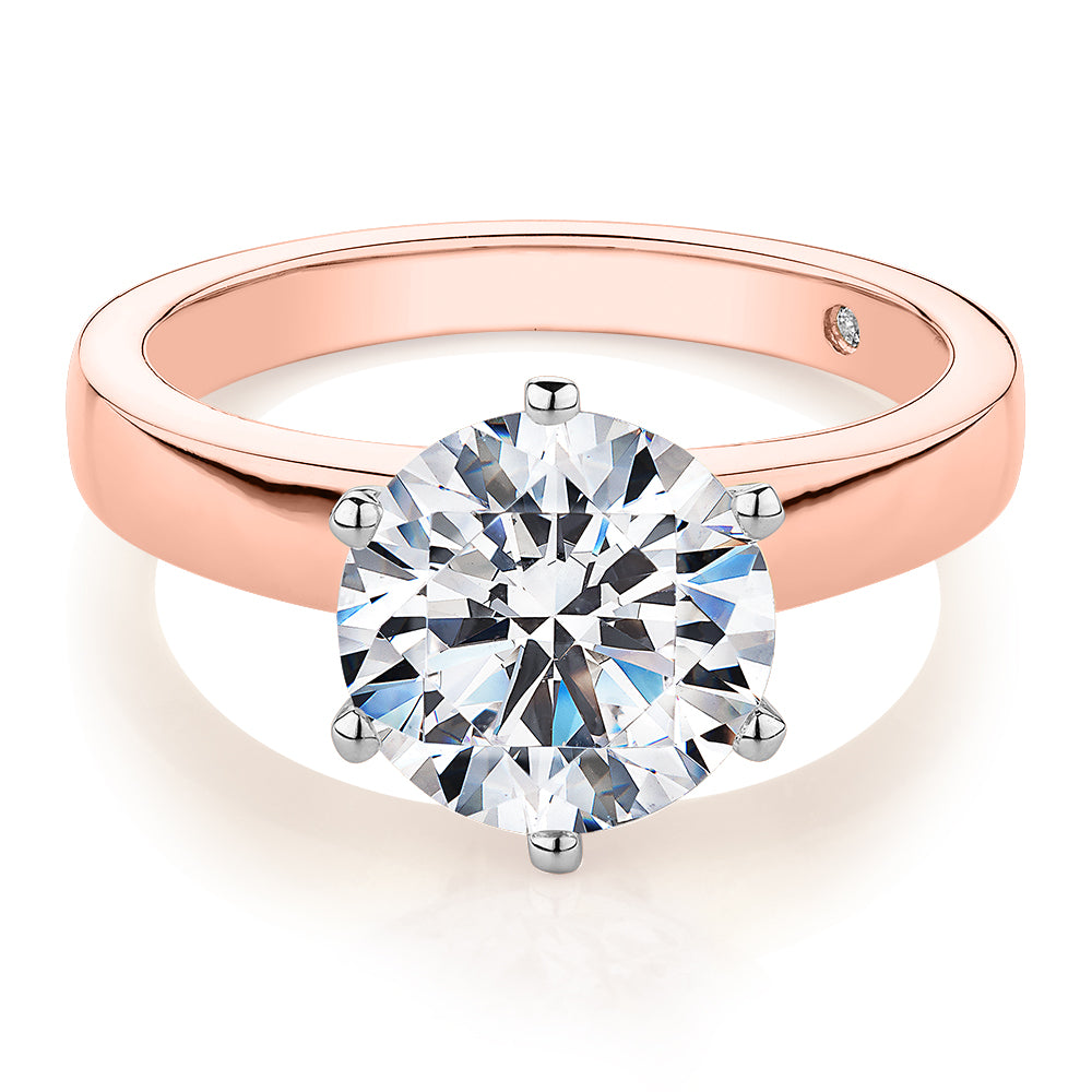 Signature Simulant Diamond 3.00 carat* round brilliant solitaire engagement ring in 14 carat rose and white gold