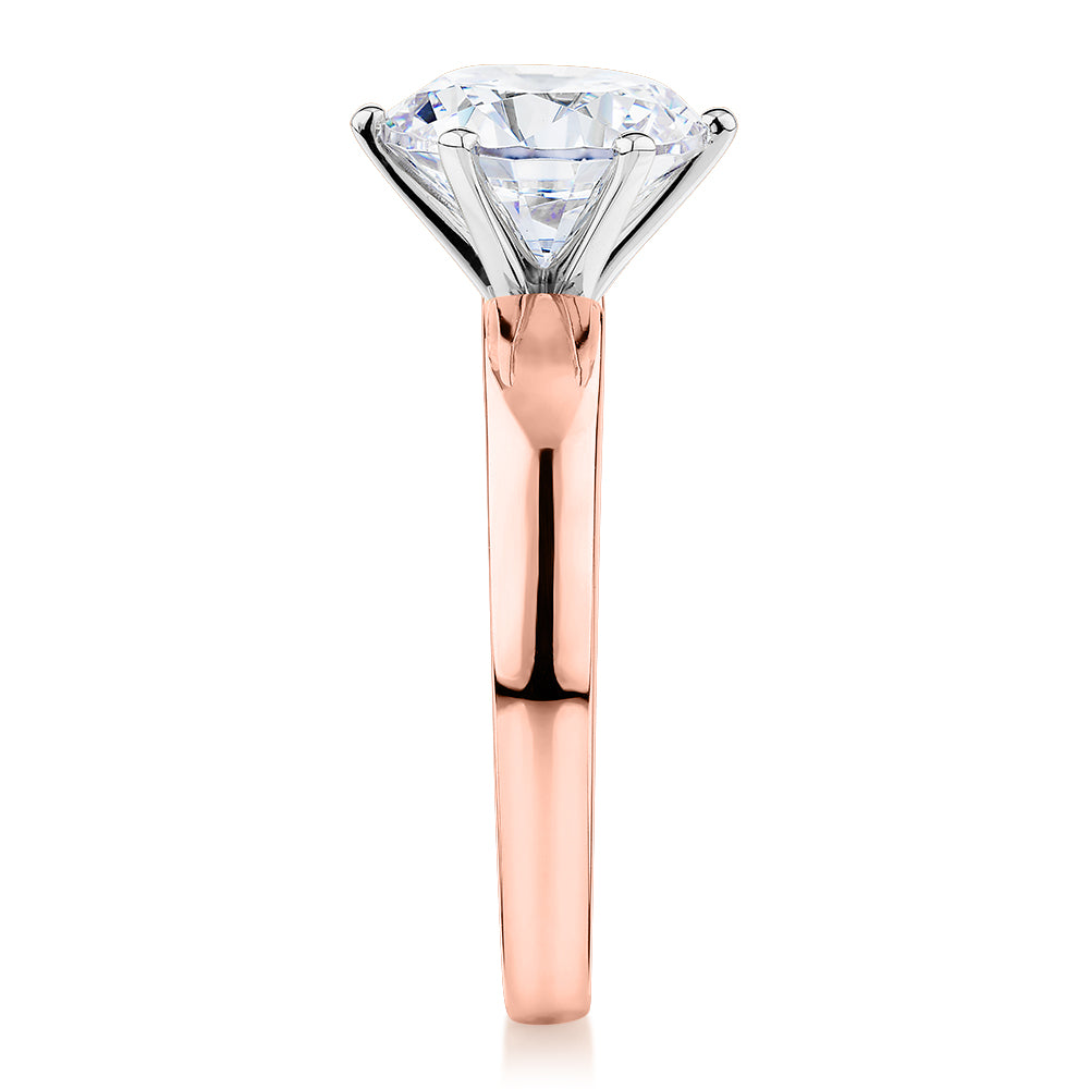 Signature Simulant Diamond 3.00 carat* round brilliant solitaire engagement ring in 14 carat rose and white gold