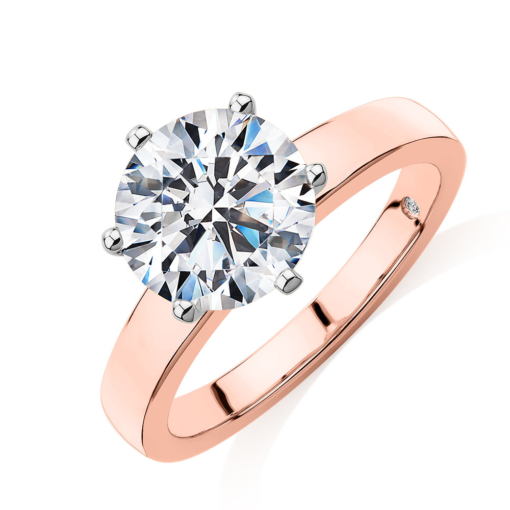 Signature Simulant Diamond 3.00 carat* round brilliant solitaire engagement ring in 14 carat rose and white gold