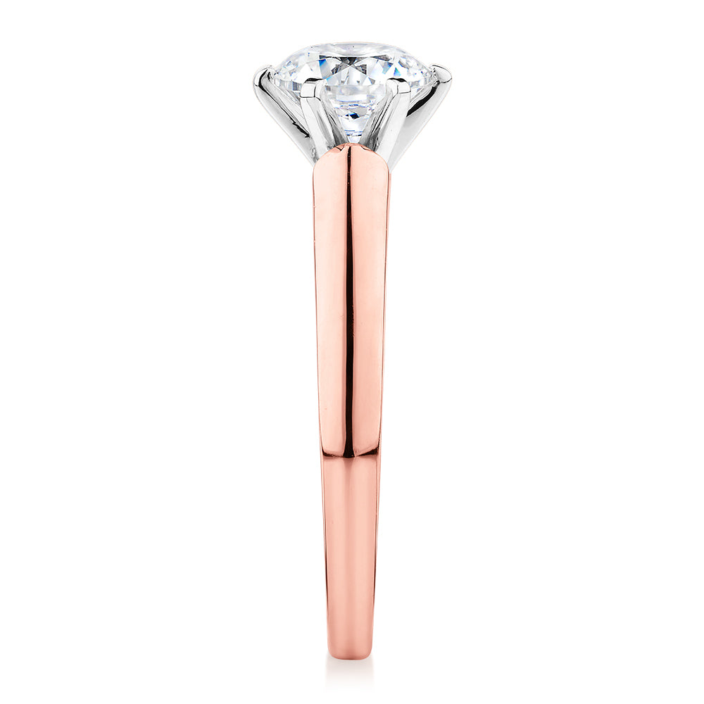 Round Brilliant solitaire engagement ring with 1 carat* diamond simulant in 14 carat rose and white gold