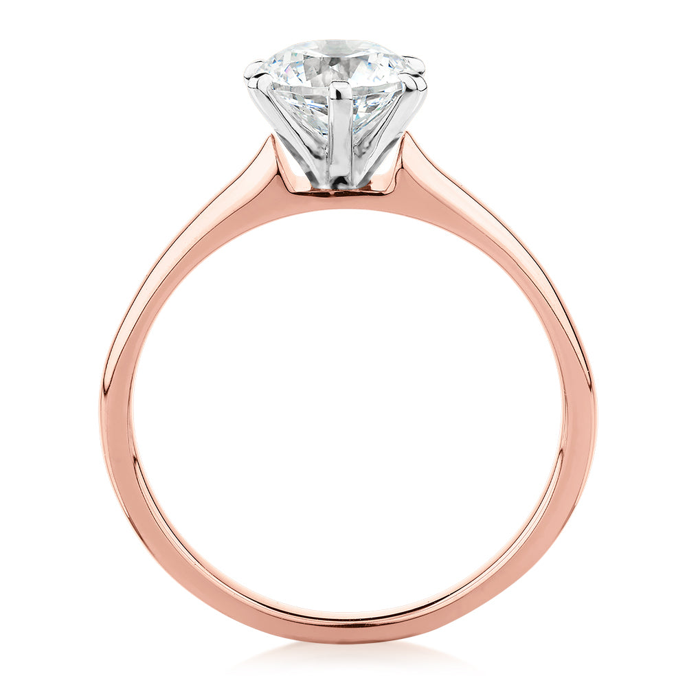 Round Brilliant solitaire engagement ring with 1 carat* diamond simulant in 14 carat rose and white gold