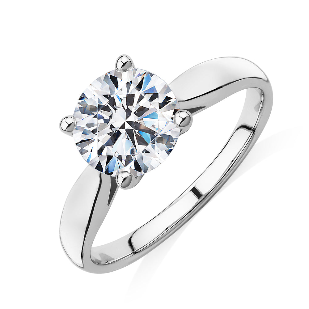 Round Brilliant solitaire engagement ring with 2 carat* diamond simulant in 14 carat white gold