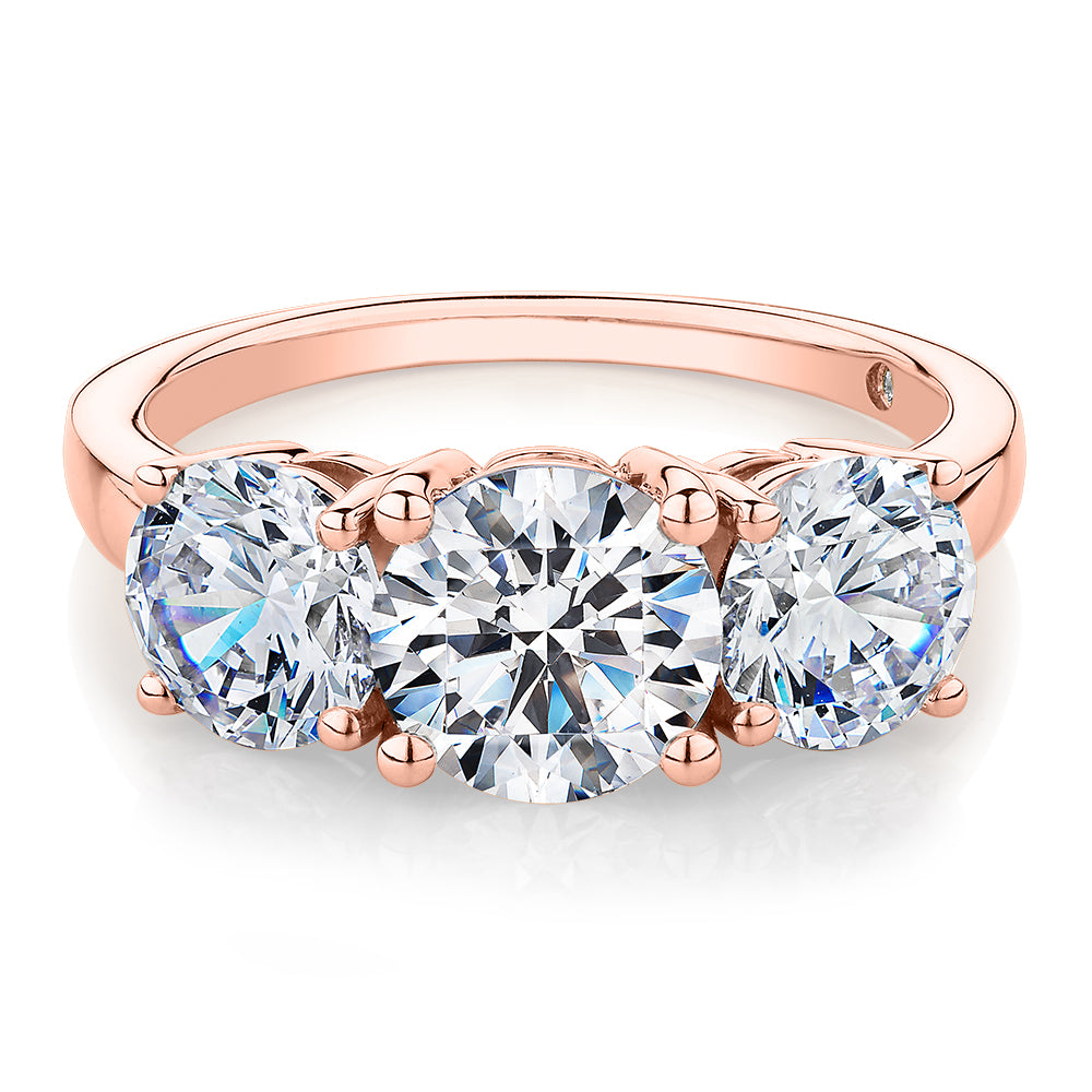 Signature Simulant Diamond 3.70 carat* TW round brilliant cut three stone engagement ring in 10 carat rose gold