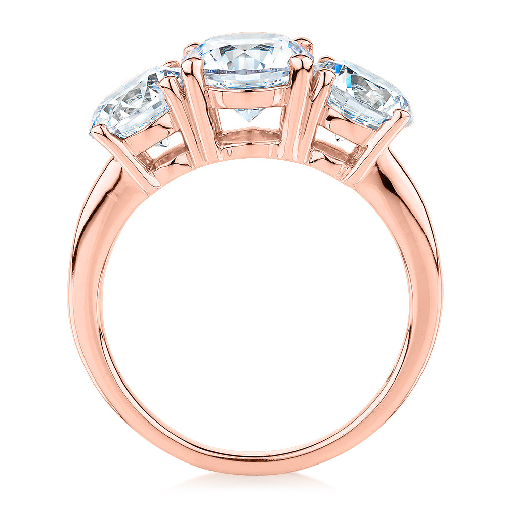 Signature Simulant Diamond 3.70 carat* TW round brilliant cut three stone engagement ring in 10 carat rose gold
