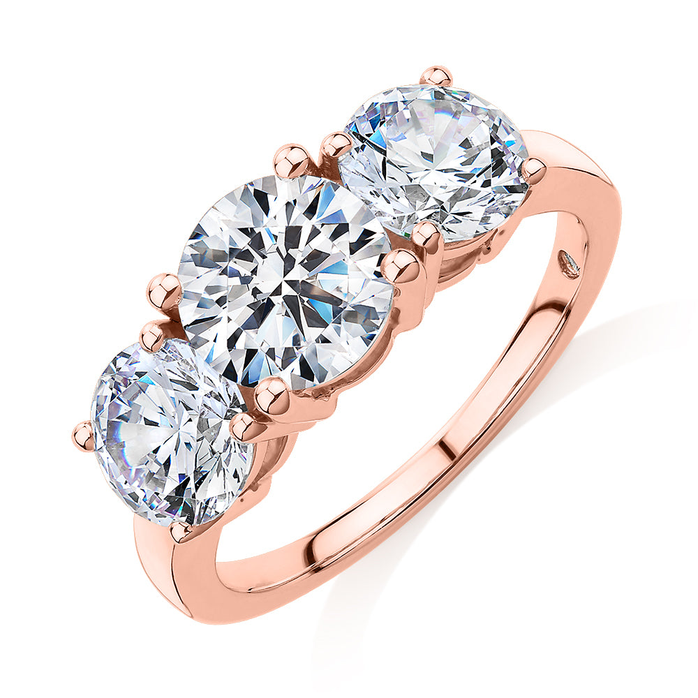 Signature Simulant Diamond 3.70 carat* TW round brilliant cut three stone engagement ring in 10 carat rose gold