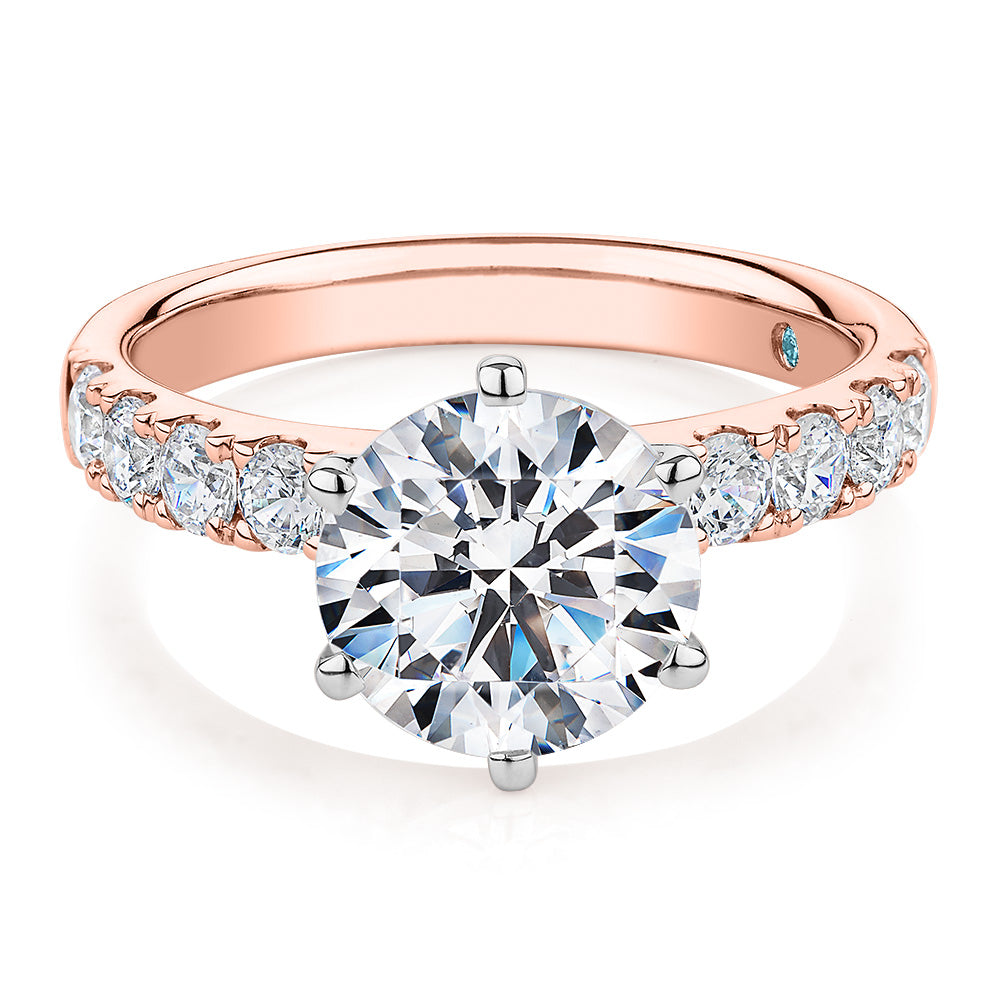 Premium Certified Lab-Grown Diamond, 3.62 carat TW round brilliant shouldered engagement ring in 14 carat rose and white gold