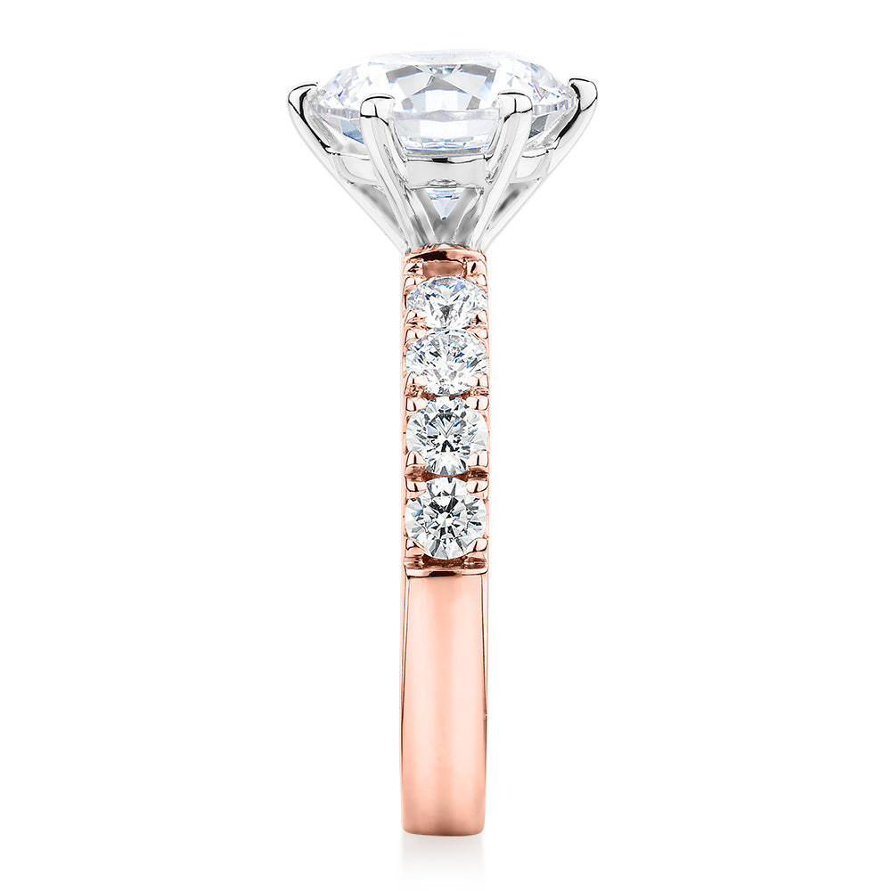 Premium Certified Lab-Grown Diamond, 3.62 carat TW round brilliant shouldered engagement ring in 14 carat rose and white gold