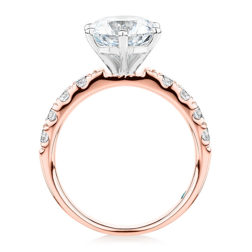 Premium Certified Lab-Grown Diamond, 3.62 carat TW round brilliant shouldered engagement ring in 14 carat rose and white gold