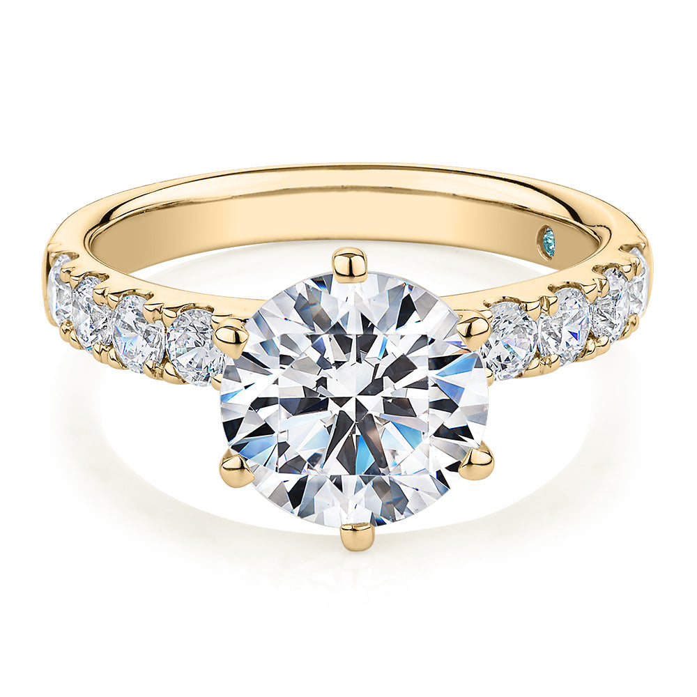 Premium Certified Lab-Grown Diamond, 3.62 carat TW round brilliant shouldered engagement ring in 14 carat yellow gold