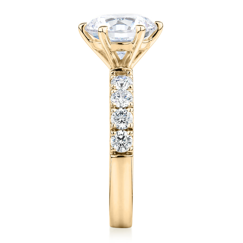 Premium Certified Lab-Grown Diamond, 3.62 carat TW round brilliant shouldered engagement ring in 14 carat yellow gold