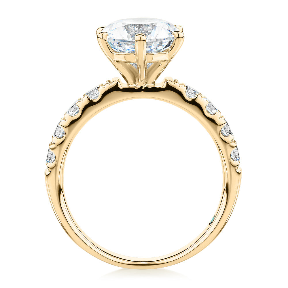 Premium Certified Lab-Grown Diamond, 3.62 carat TW round brilliant shouldered engagement ring in 14 carat yellow gold