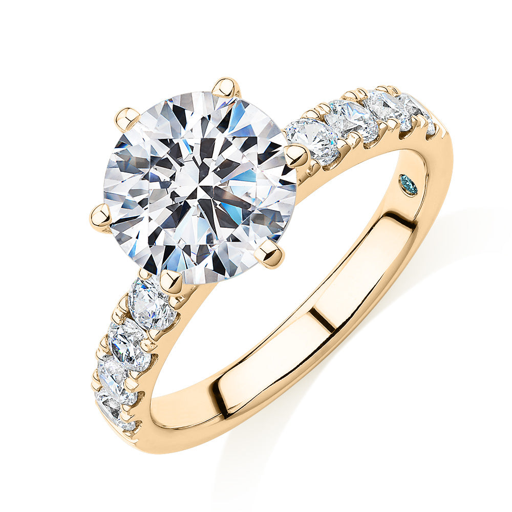 Premium Certified Lab-Grown Diamond, 3.62 carat TW round brilliant shouldered engagement ring in 14 carat yellow gold