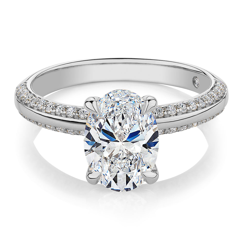 Signature Simulant Diamond 2.24 carat* TW oval cut shouldered engagement ring in 14 carat white gold