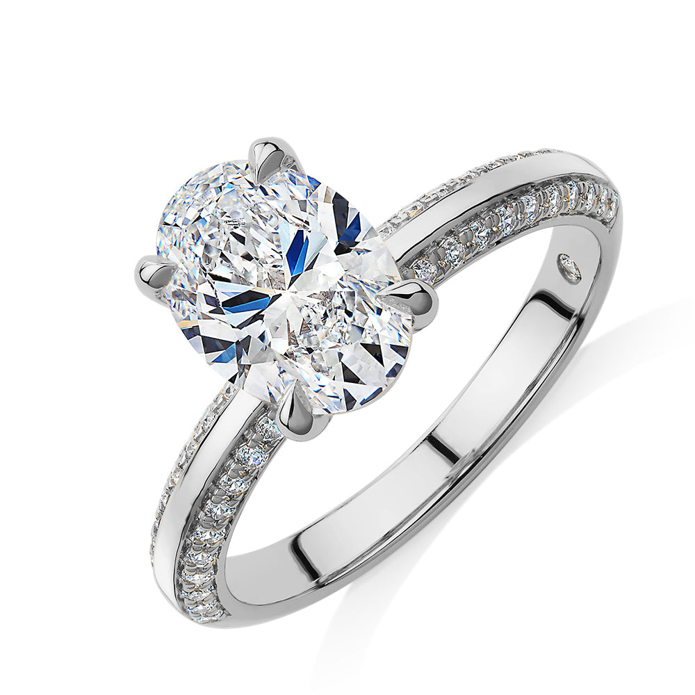 Signature Simulant Diamond 2.24 carat* TW oval cut shouldered engagement ring in 14 carat white gold