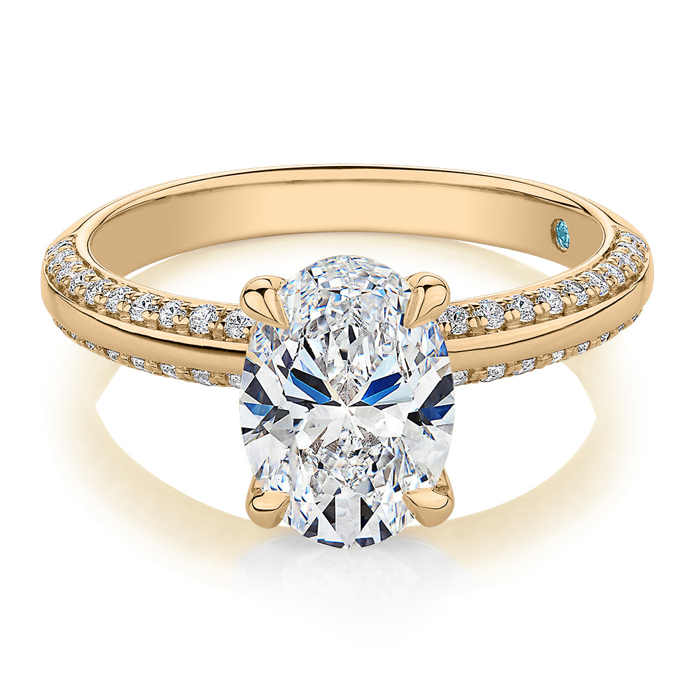 Premium Certified Lab-Grown Diamond 2.24 carat TW oval cut shouldered engagement ring in 14 carat yellow gold