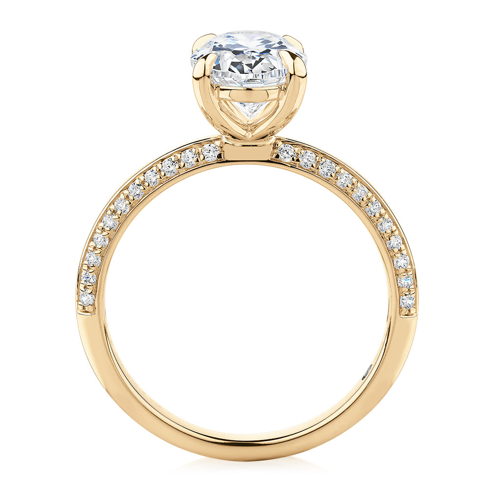 Signature Simulant Diamond 2.24 carat* TW round oval cut engagement ring in 14 carat yellow gold