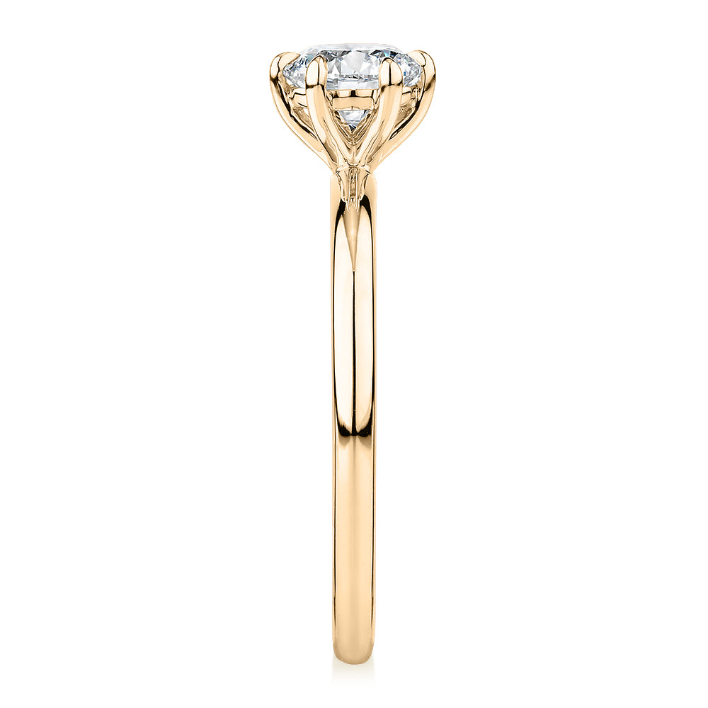 Premium Certified Laboratory Created Diamond, 0.70 carat round brilliant solitaire engagement ring in 18 carat yellow gold