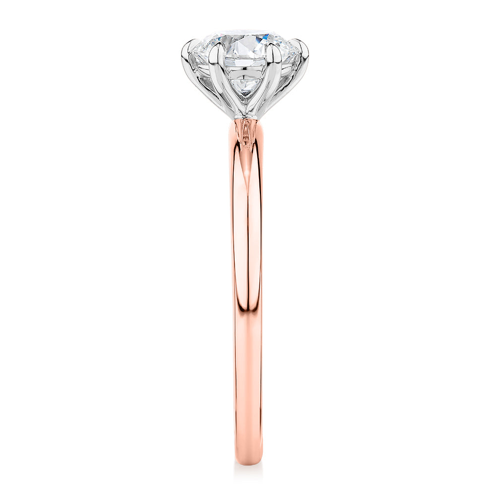 Premium Certified Laboratory Created Diamond, 1.00 carat round brilliant solitaire engagement ring in 18 carat rose and white gold