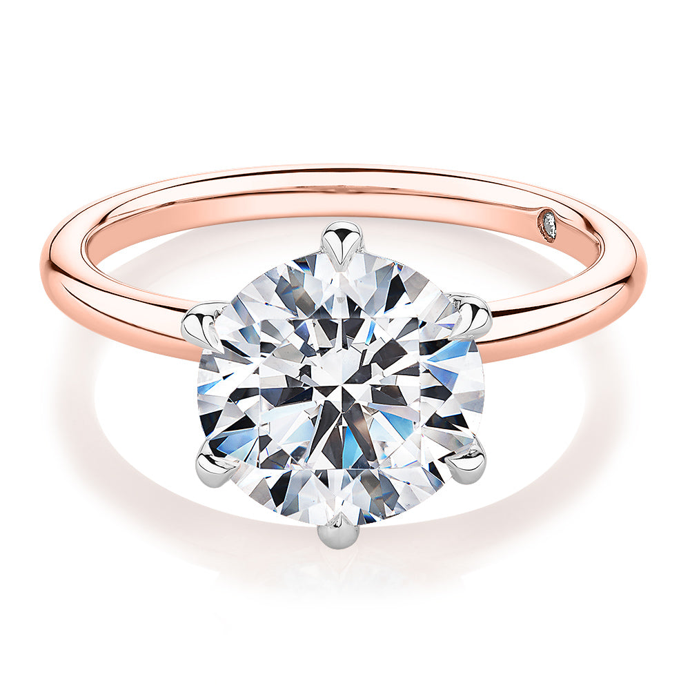 Signature Simulant Diamond 3.00 carat* round brilliant solitaire engagement ring in 14 carat rose and white gold
