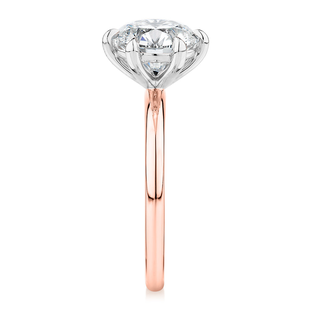 Signature Simulant Diamond 3.00 carat* round brilliant solitaire engagement ring in 14 carat rose and white gold