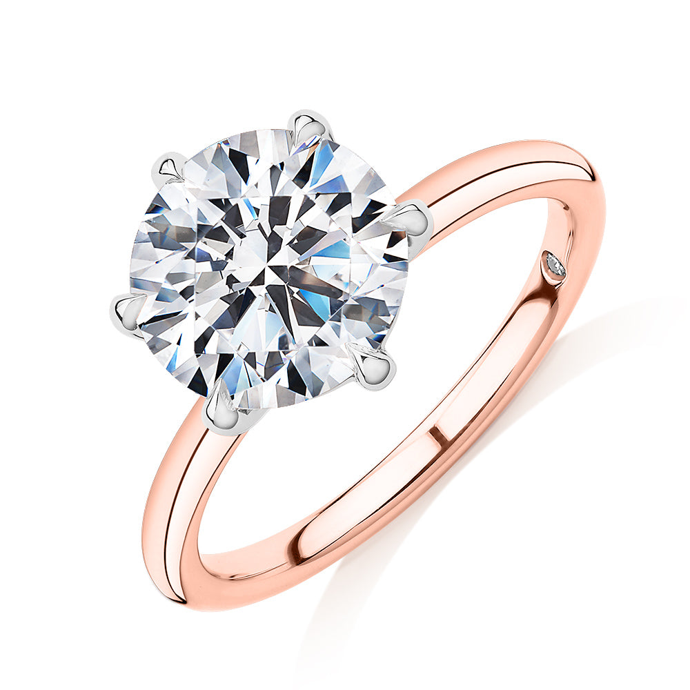 Signature Simulant Diamond 3.00 carat* round brilliant solitaire engagement ring in 14 carat rose and white gold