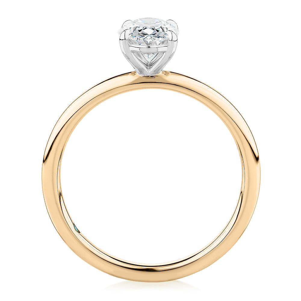 Premium Certified Lab-Grown Diamond, 1.00 carat oval solitaire engagement ring in 14 carat yellow and white gold