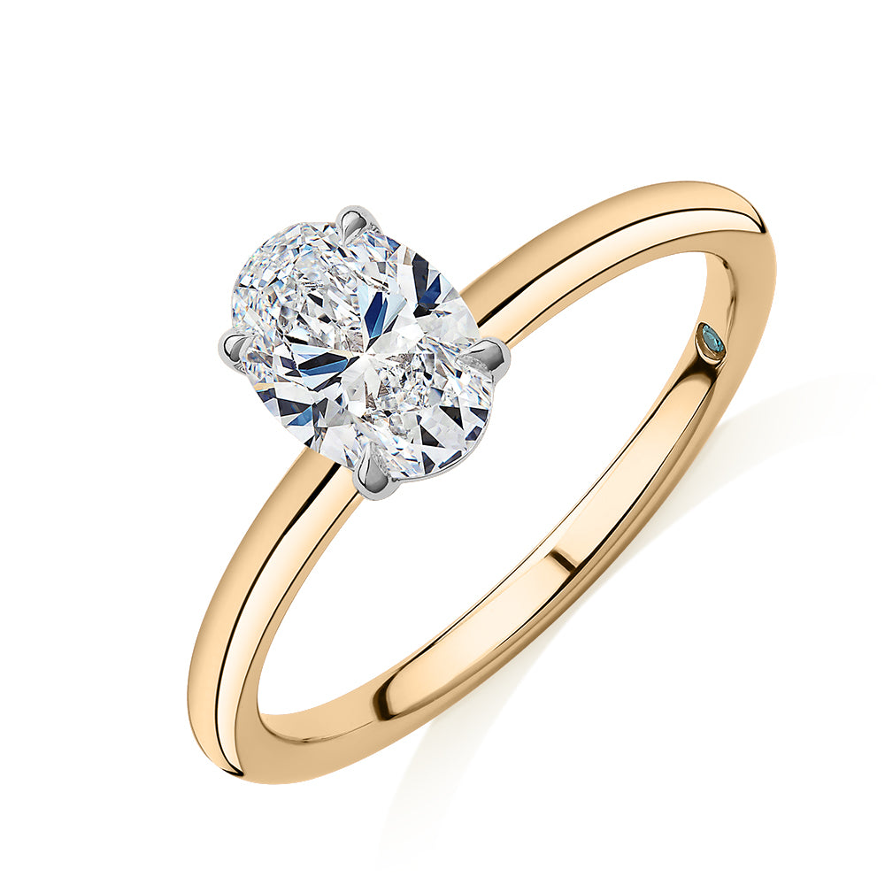 Premium Certified Lab-Grown Diamond, 1.00 carat oval solitaire engagement ring in 14 carat yellow and white gold