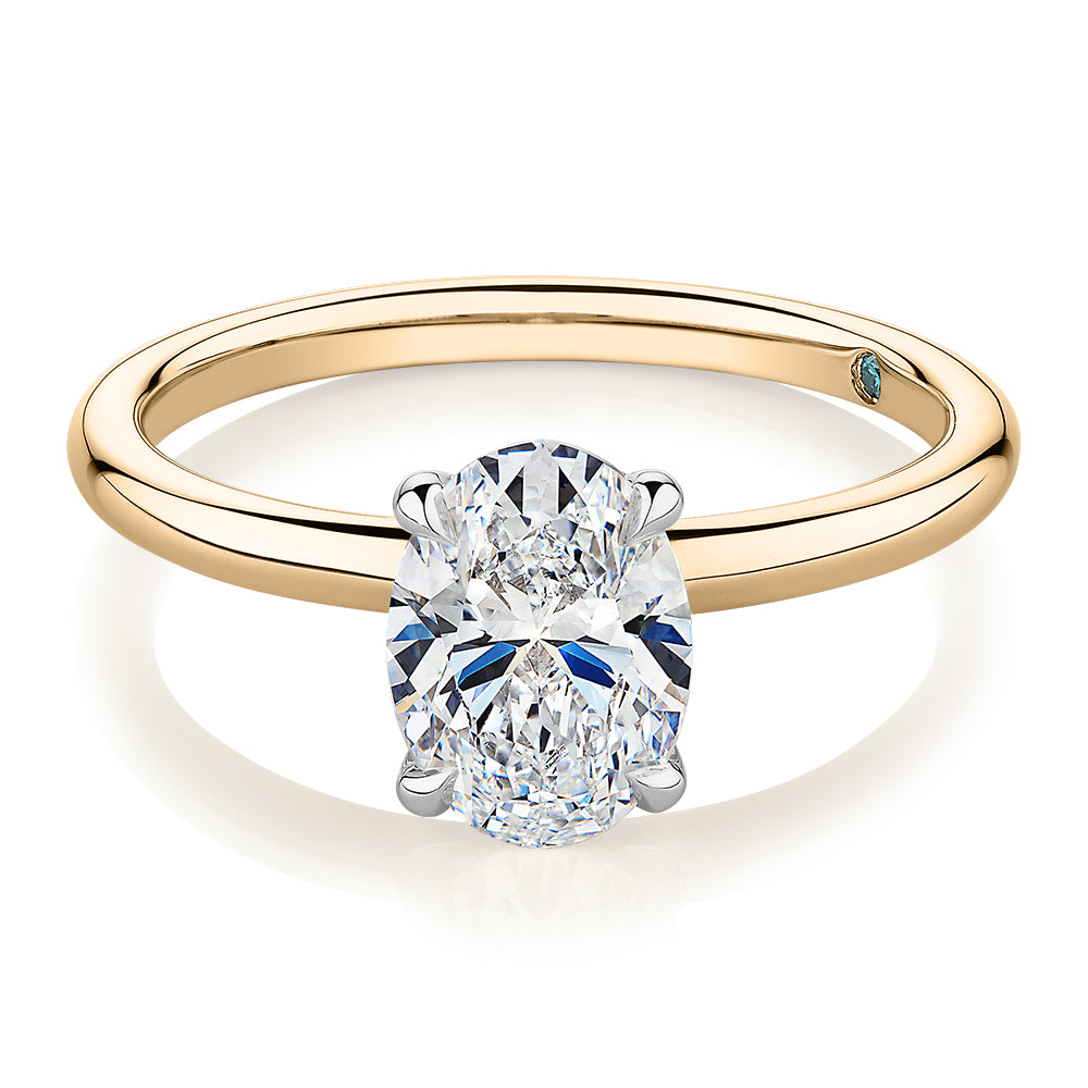 Premium Certified Laboratory Created Diamond, 1.50 carat oval solitaire engagement ring in 18 carat yellow and white gold