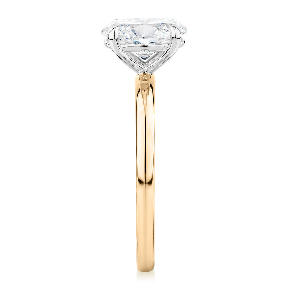 Premium Certified Laboratory Created Diamond, 1.50 carat oval solitaire engagement ring in 18 carat yellow and white gold