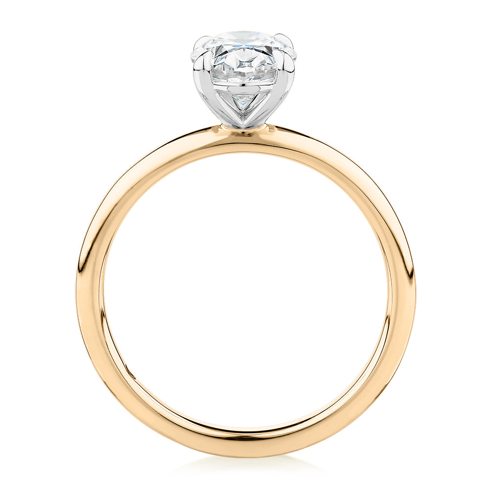 Premium Certified Laboratory Created Diamond, 1.50 carat oval solitaire engagement ring in 18 carat yellow and white gold