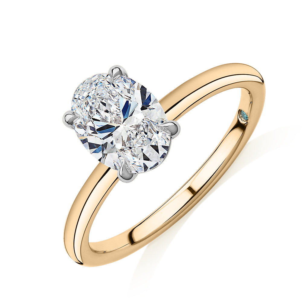 Premium Certified Laboratory Created Diamond, 1.50 carat oval solitaire engagement ring in 18 carat yellow and white gold