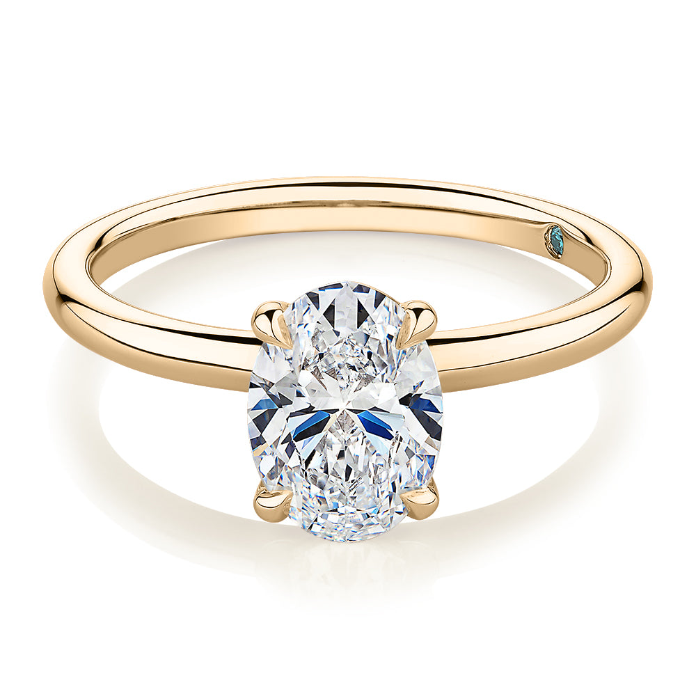 Premium Certified Laboratory Created Diamond, 1.50 carat oval solitaire engagement ring in 18 carat yellow gold
