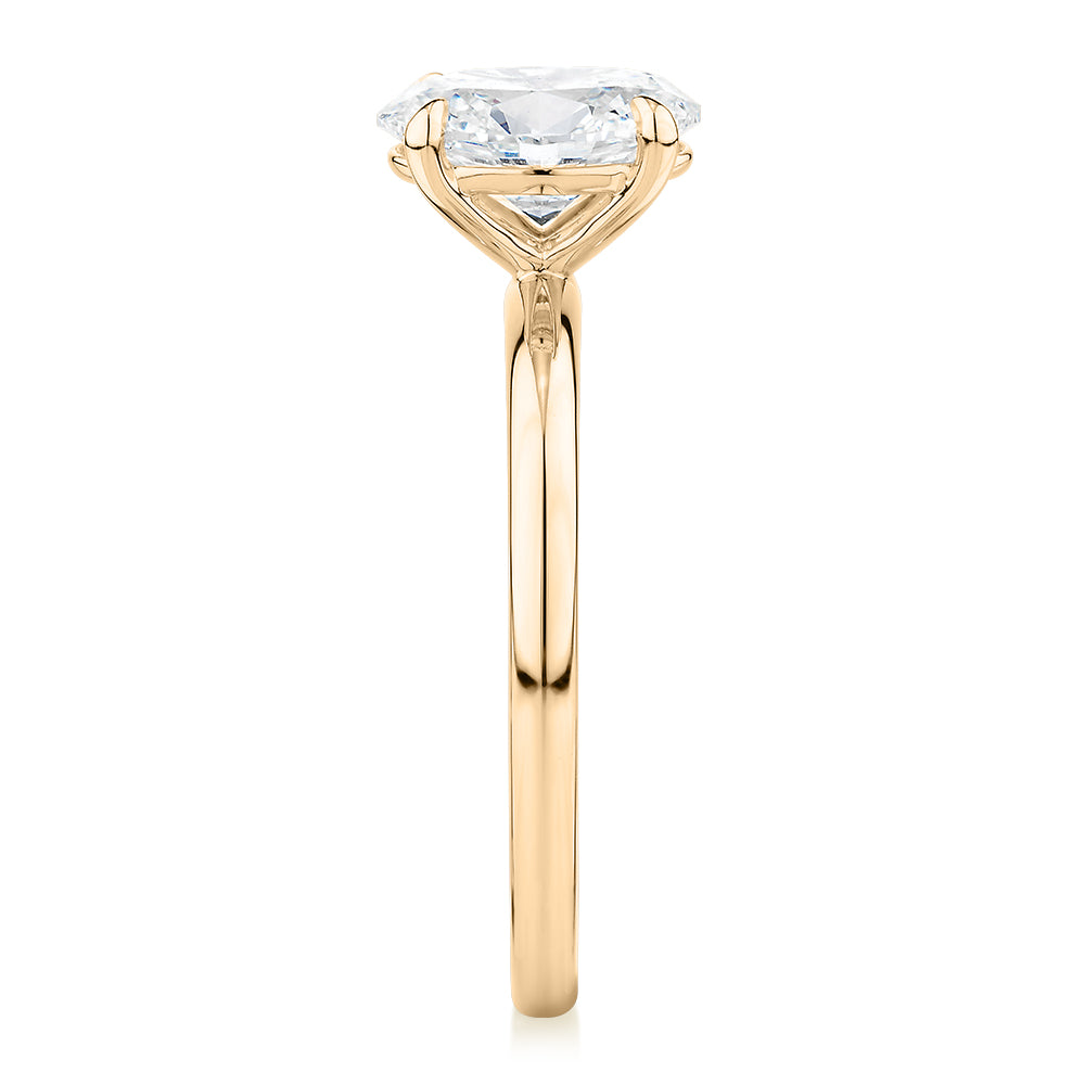 Premium Certified Laboratory Created Diamond, 1.50 carat oval solitaire engagement ring in 18 carat yellow gold