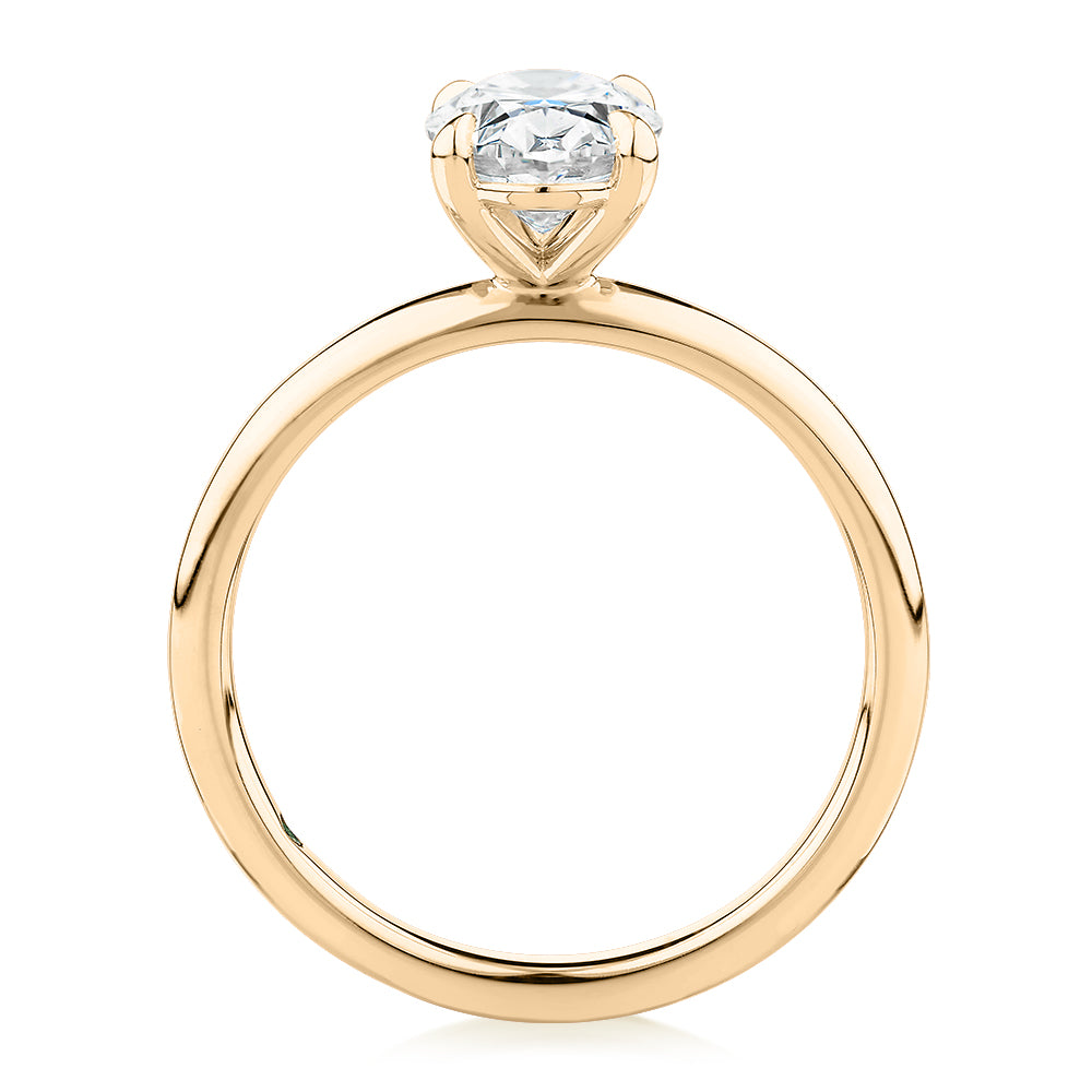 Premium Certified Laboratory Created Diamond, 1.50 carat oval solitaire engagement ring in 18 carat yellow gold