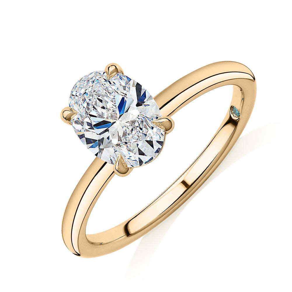 Premium Certified Laboratory Created Diamond, 1.50 carat oval solitaire engagement ring in 18 carat yellow gold