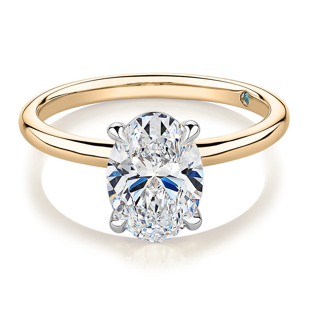 Premium Certified Laboratory Created Diamond, 2.00 carat oval solitaire engagement ring in 18 carat yellow and white gold