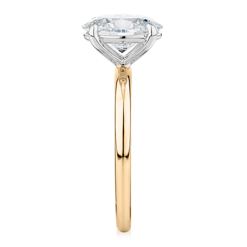 Premium Certified Laboratory Created Diamond, 2.00 carat oval solitaire engagement ring in 18 carat yellow and white gold